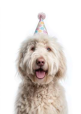 Komondor Dog with Birthday Hat Portrait