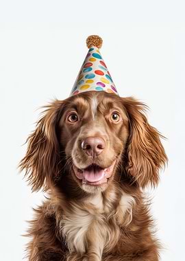 Sussex Spaniel Dog with Birthday Hat Portrait