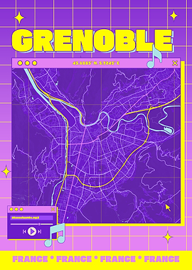 Grenoble City Map Retro Poster