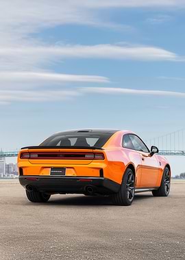 Orange Dodge Challenger Coupe Rear View