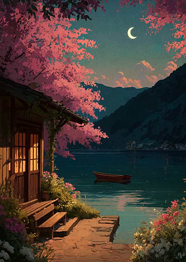 Lakeside Cabin with Cherry Blossoms