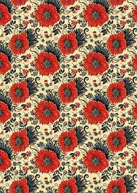 Red Floral Pattern with Dark Leaves