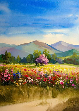 Watercolor Meadow Landscape Painting