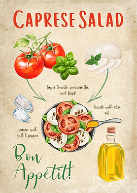 Caprese Salad Recipe Illustration | Vintage Paper