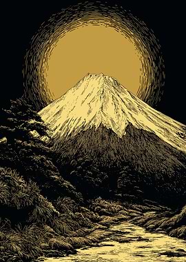 Mount Fuji Engraving with Golden Sun