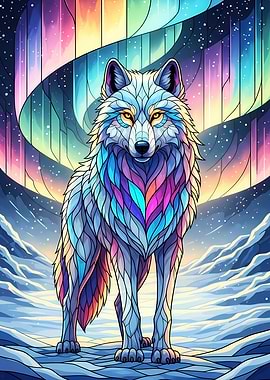 Colorful Wolf Under Aurora Borealis