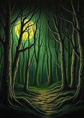 Eerie Forest Path Under Moonlight