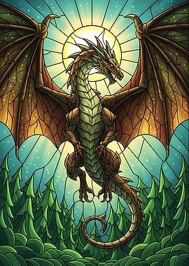Stained Glass Dragon Over Forest