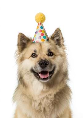 Happy Norwegian Buhund Dog with Birthday Hat