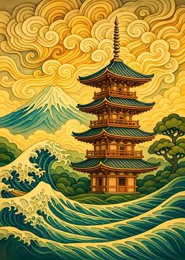 Japanese Pagoda with Mount Fuji and Waves