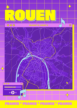 Rouen Map Art, Retro Aesthetic