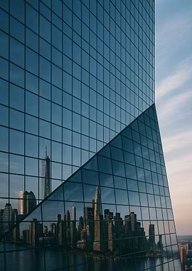 New York City Skyline Reflection in Modern Glass Building at Sunset. Architecture Photography