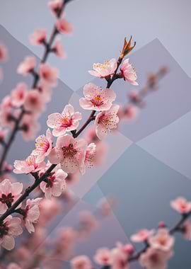 Pink Cherry Blossoms with Geometric Overlay