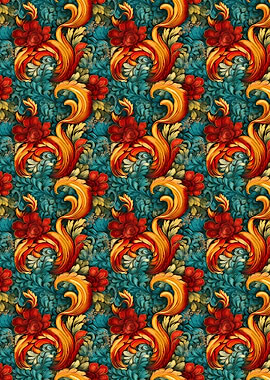 Floral Baroque Pattern with Red Flowers