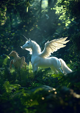 Unicorn and Dragon in Forest