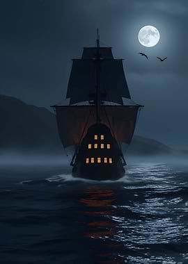 Moonlit Ship at Sea