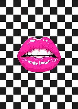 Pink Lips on Checkered Background