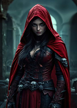 Red Hooded Woman in Fantasy Setting