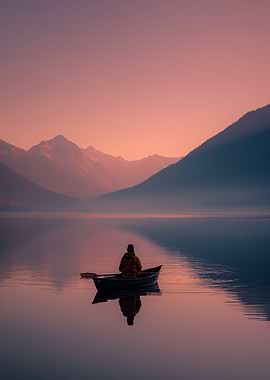 Lone rower on a serene lake