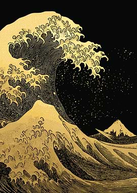 Golden Wave and Mountain Art