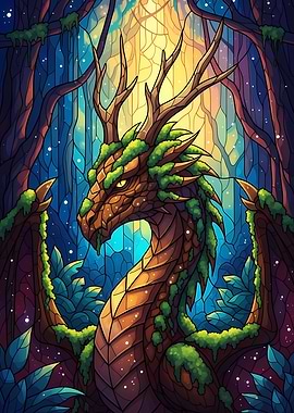 Stained Glass Dragon in Forest