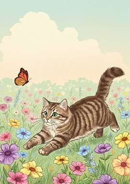 Cat chasing butterfly in flower field