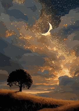 Dreamy Night Landscape with Crescent Moon