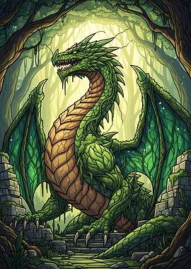Green Dragon in Forest Ruins