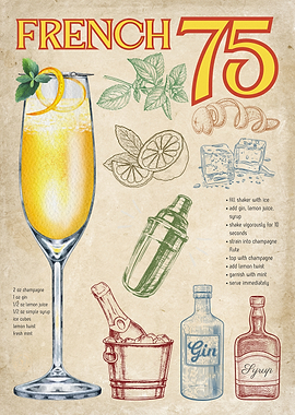 French 75 Cocktail Recipe Illustration | Vintage Paper