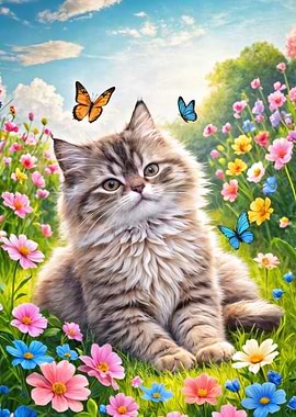 Fluffy Cat in a Flower Meadow