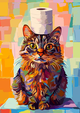 Colorful Cat with Toilet Paper Hat
