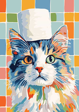 Colorful Cat with Hat Portrait