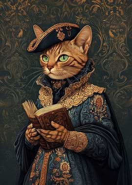 Renaissance Cat Reading a Book| Historical Cat Art Print