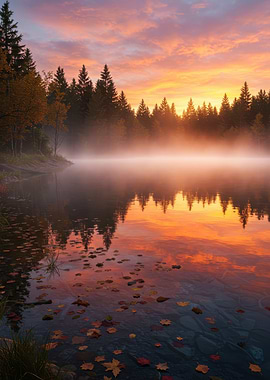 Sunrise Misty Forest Lake