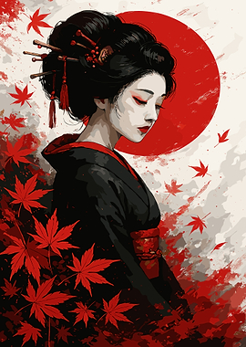 Geisha with Red Maple Leaves