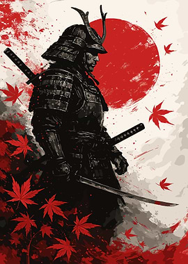 Samurai Warrior with Red Maple Leaves