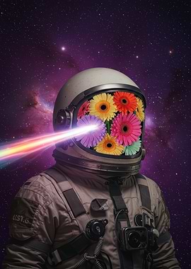 Astronaut with Flowers and Rainbow Beam