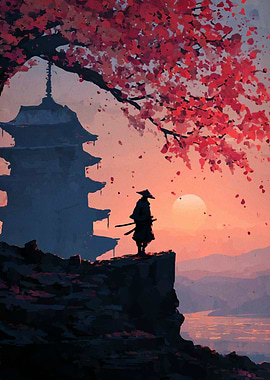 Samurai at Sunset with Pagoda