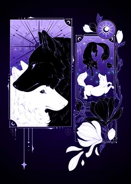 Wolves and Flowers in Purple Tones