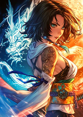 Anime Girl Yuna with Dragon Tattoo Art