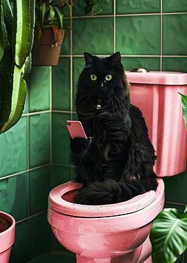 Cat on Toilet Using Smartphone