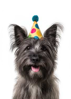 Skye Terrier Dog with Party Hat