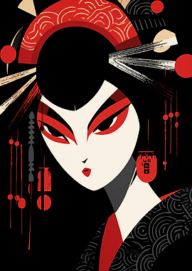 Geisha Portrait in Red and Black