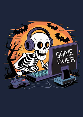 Halloween Skeleton Gamer Video Gaming Computer Spooky Vibes