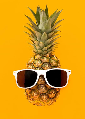 Pineapple with Sunglasses on Yellow Background