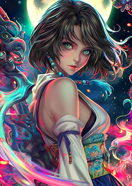 Anime Girl with Dragon and Moon