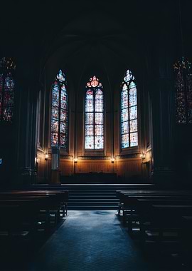 Church Interior with Stained Glass Windows