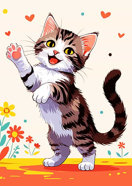 Happy Cartoon Cat Waving Paw