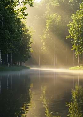 Sunrise Misty Forest Lake