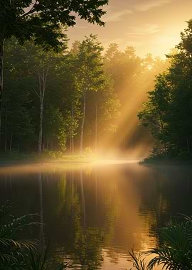 Sunrise Misty Forest Lake